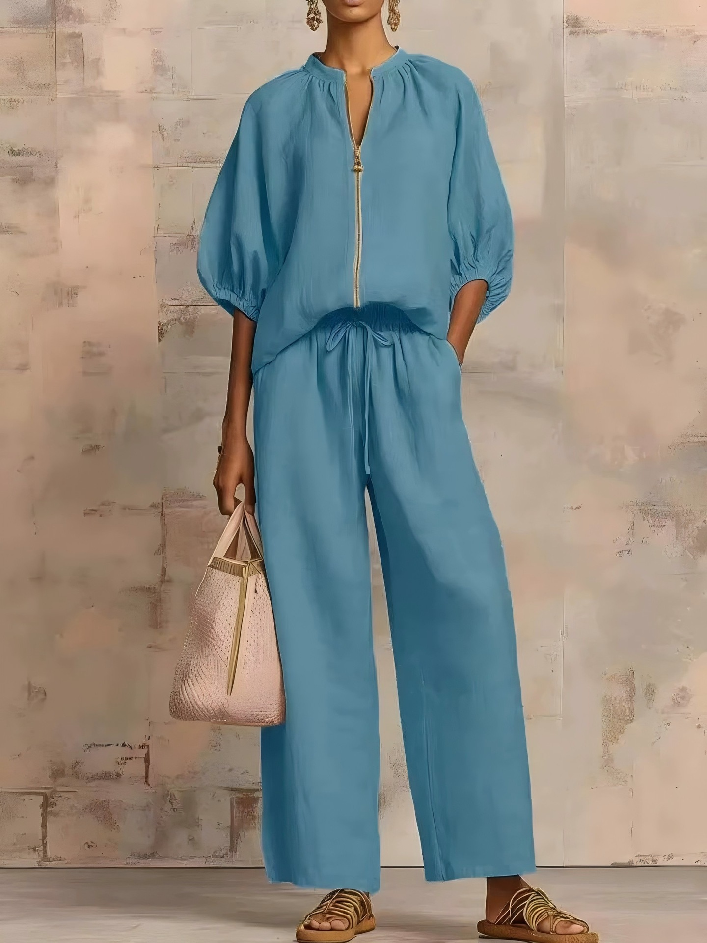 Women's Casual Loose Zipper Round Neck Wide-Leg Pants Two-Piece Set