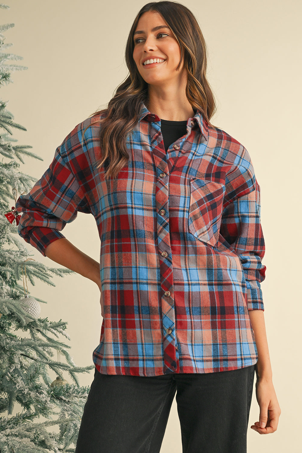 Women's Red Plaid Print Drop Sleeve Loose Shirt Casual Top