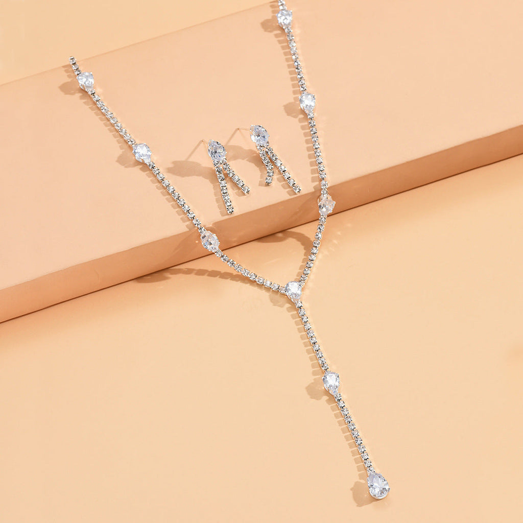 Women Graduated Teardrop Y Lariat 2Pcs Jewelry Set, Thin Single Row CZ Tennis Necklace Matching Vertical Waterdrop Dangle Earrings Gold Rhodium Two Tone Plated For Wedding Valentine Daily Gift