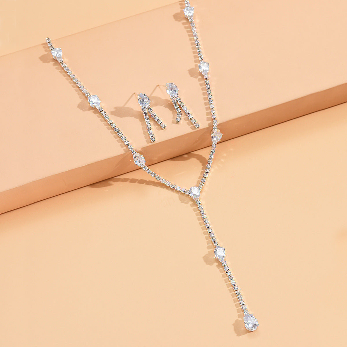 Women Graduated Teardrop Y Lariat 2Pcs Jewelry Set, Thin Single Row CZ Tennis Necklace Matching Vertical Waterdrop Dangle Earrings Gold Rhodium Two Tone Plated For Wedding Valentine Daily Gift