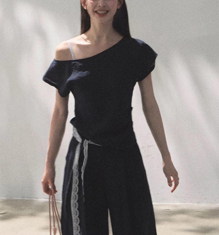 Off-Shoulder Linen Blend Two-Piece Set with Lace Trim - Image 7