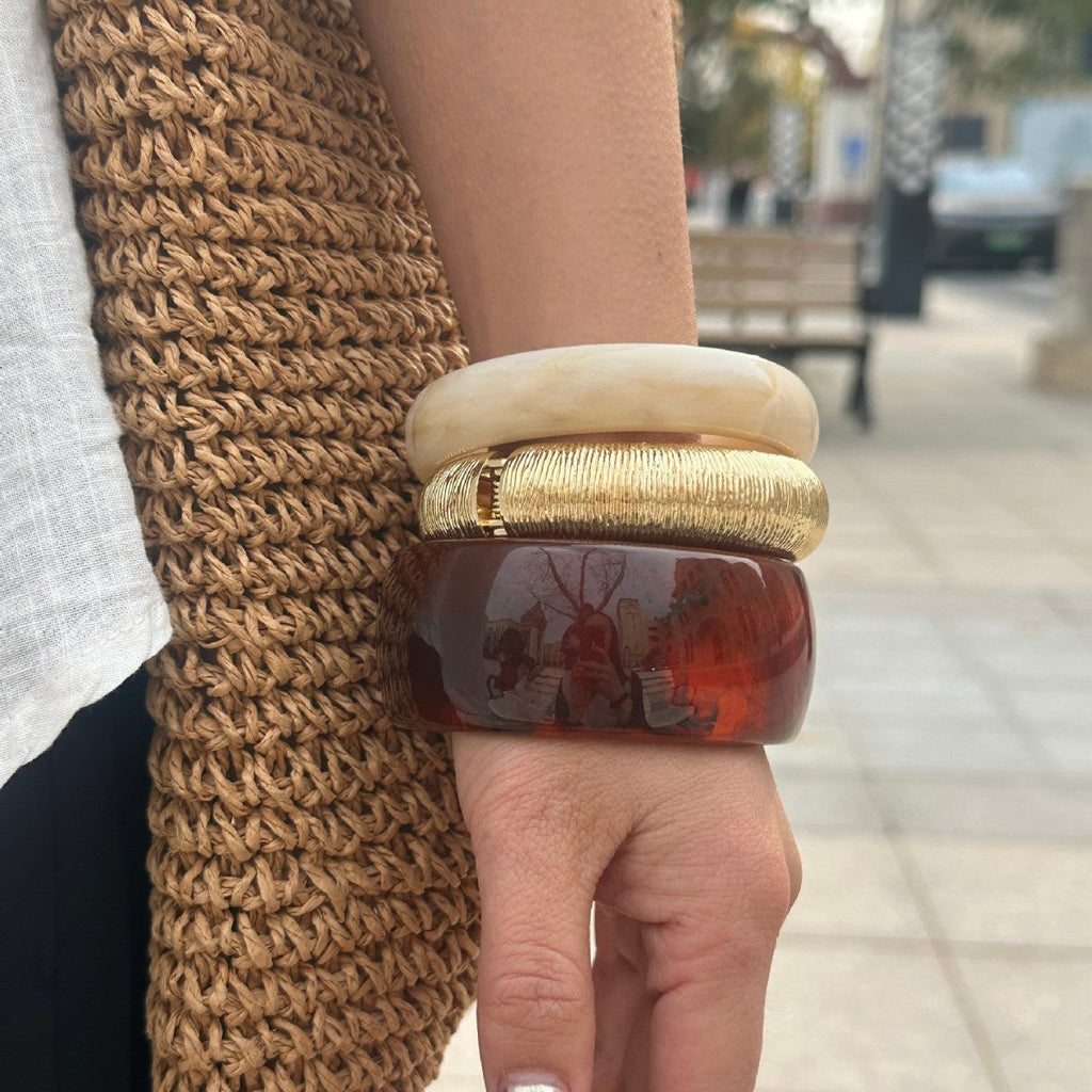 Amber Resin Bangle Stack Bracelet Set in Caramel and Cream