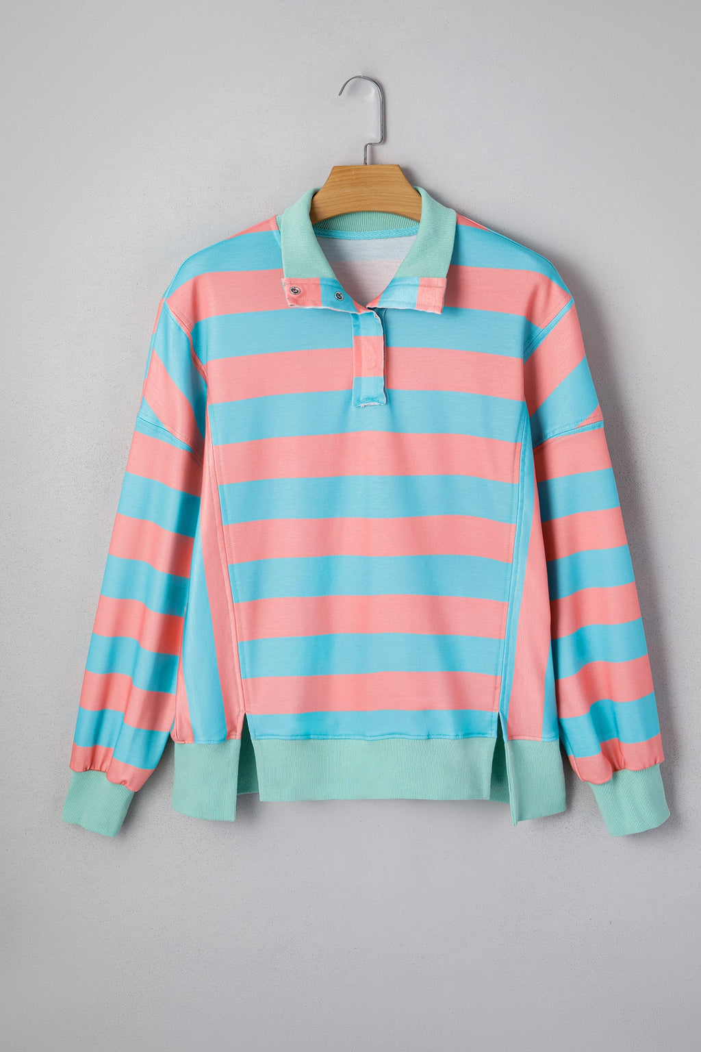 Colorblock Stripe Buttoned Collar Side Slit Top