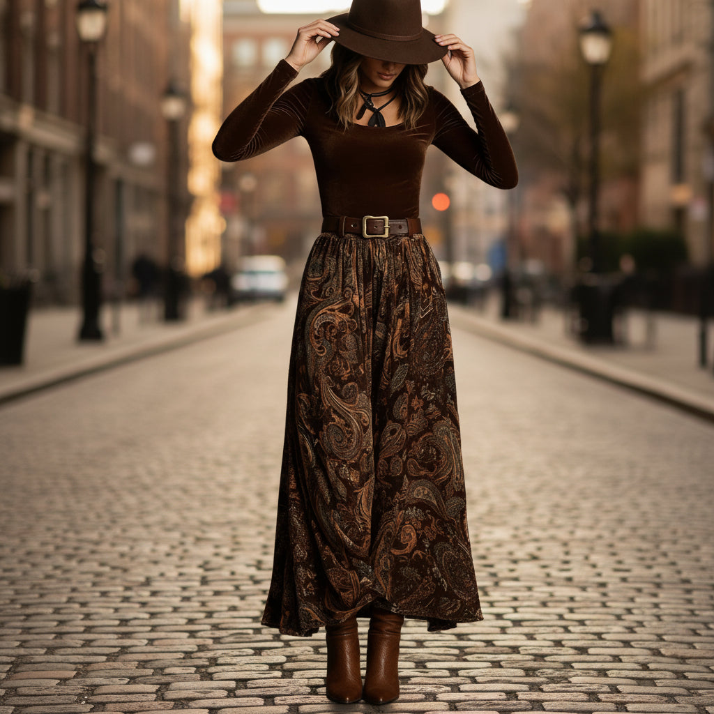 A woman wearing a caramel paisley print long sleeve top and matching maxi skirt with a belt, styled with boots and a hat.