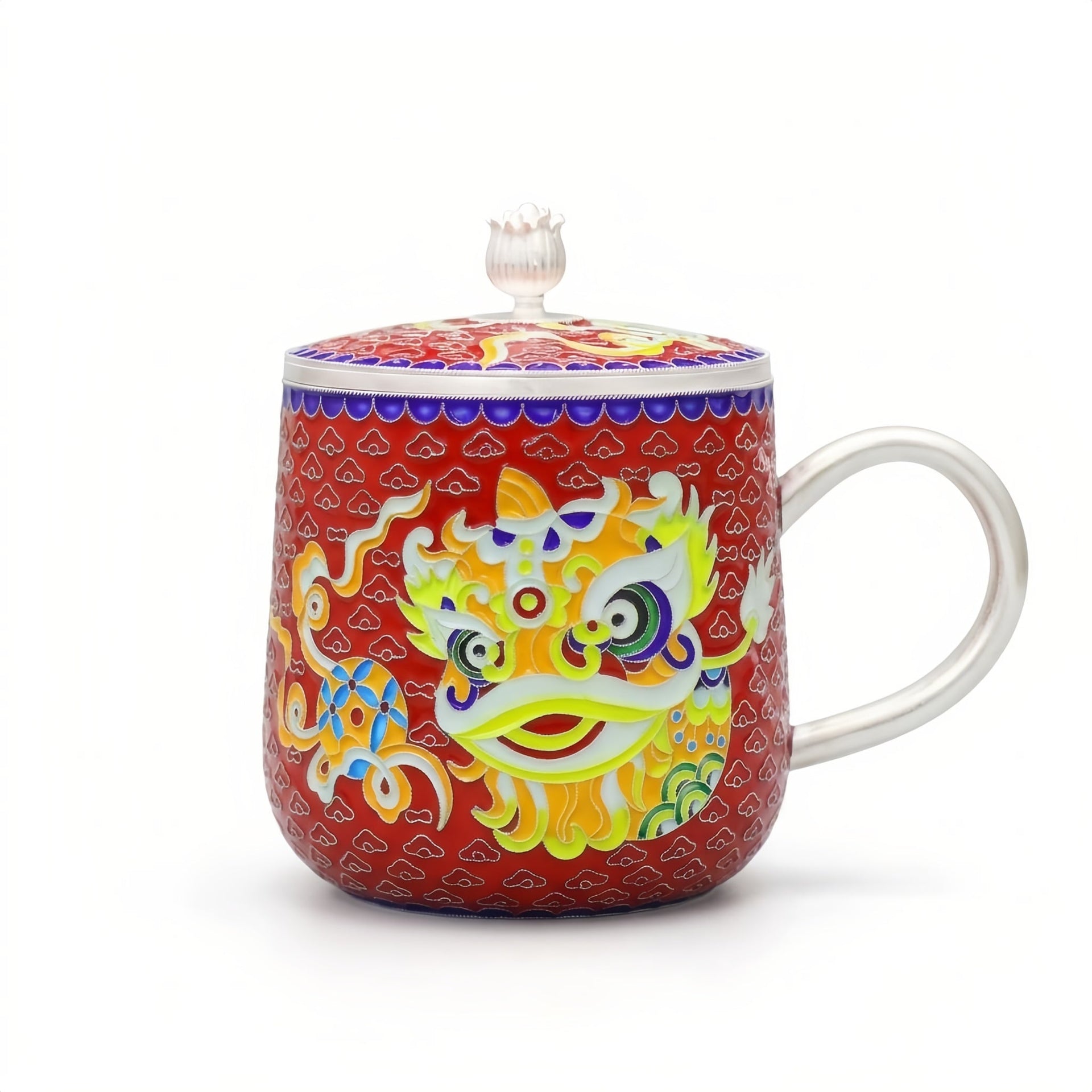 Pure 999 Fine Silver Chinese Lion Dance Enamel Mug: Traditional Artistry and Cultural Heritage-Premium Indigo Tea Mug - Handicraft