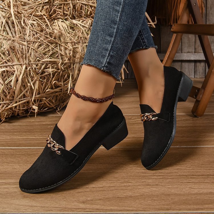 Women’s Pointed Toe Chunky Block Heel Loafers with Chain Detail