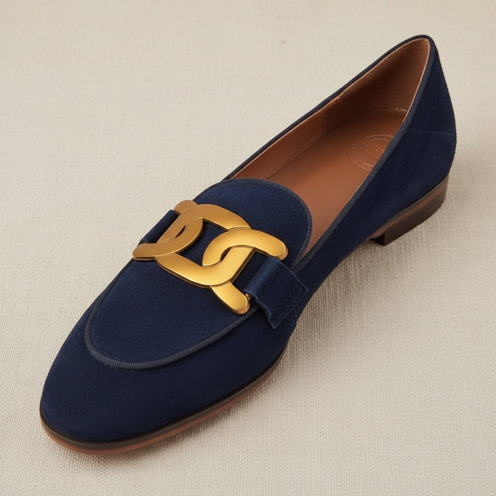 Women's Navy Suede Loafers with Retro Metal Buckle Detail - Image 3
