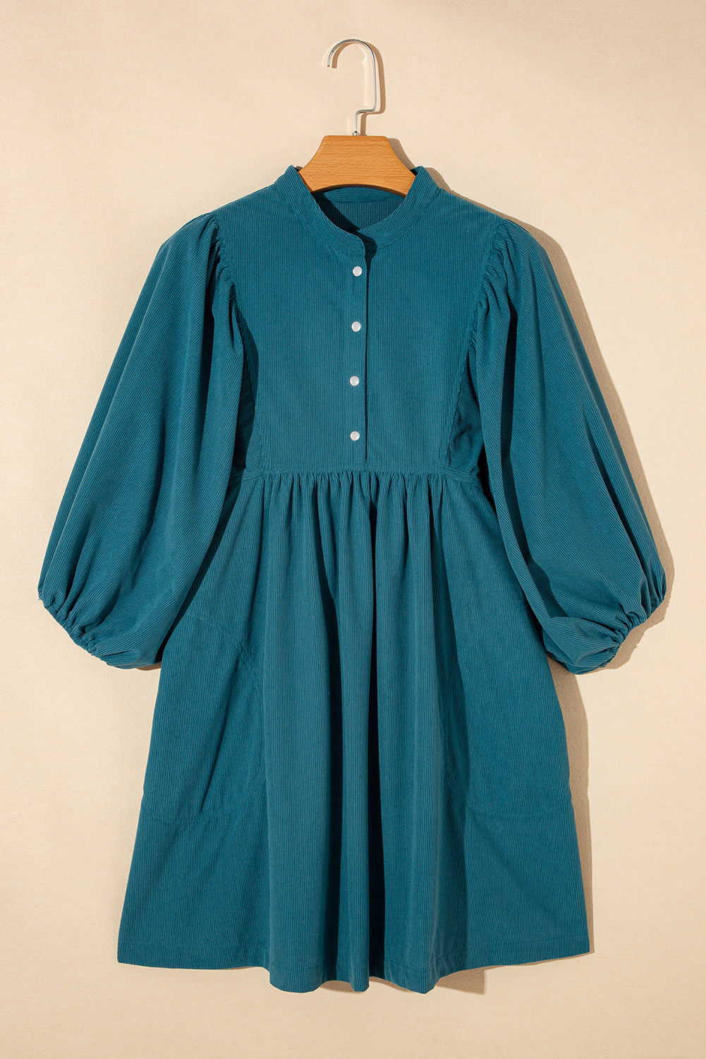 Solid Corduroy 3/4 Sleeve Snap Button Dress