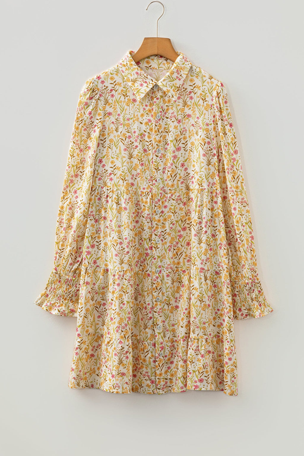 Yellow Floral Print Frilly Trim Smocked Cuff Long Sleeve Shirt Dress