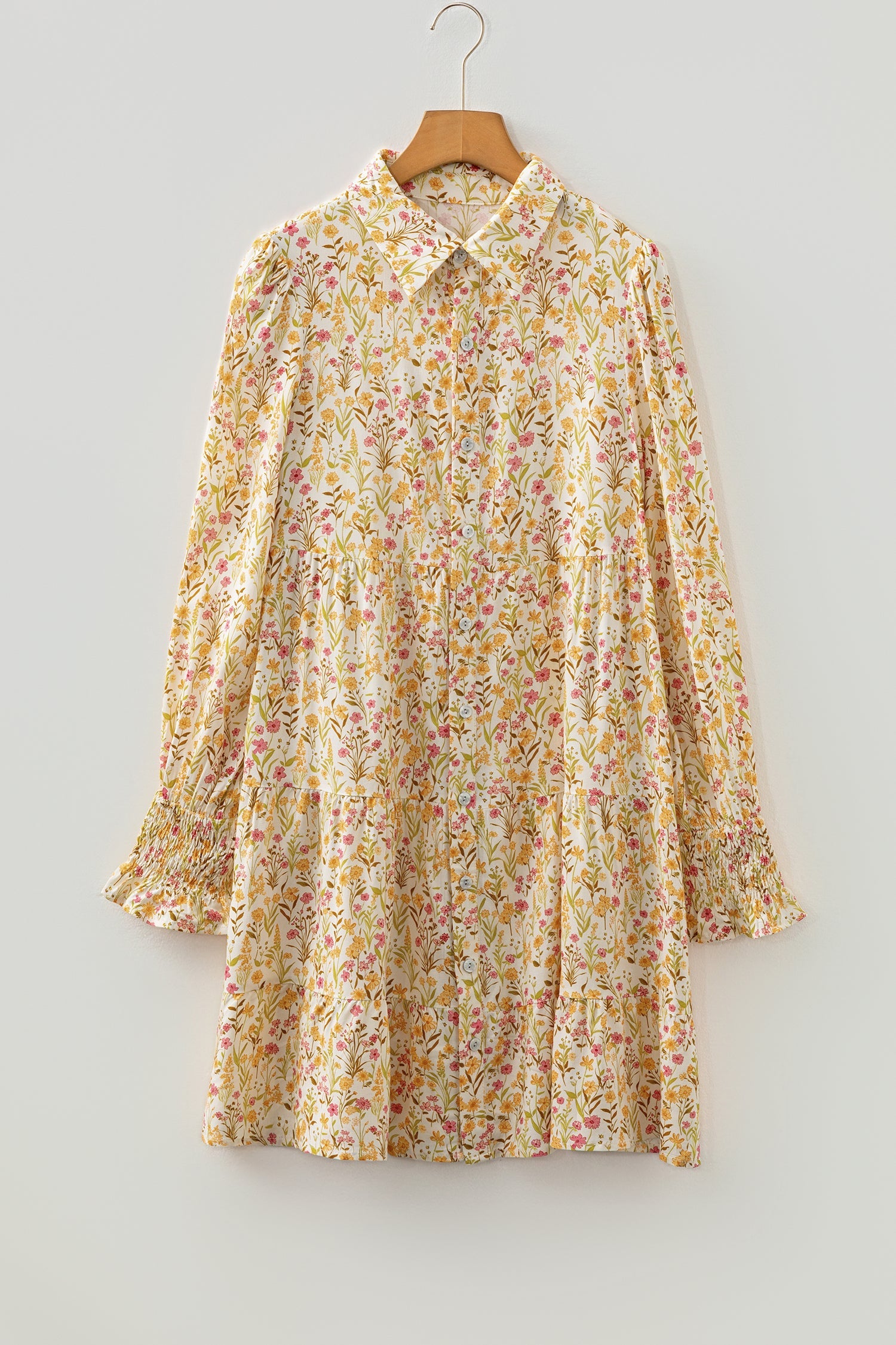 Yellow Floral Print Frilly Trim Smocked Cuff Long Sleeve Shirt Dress