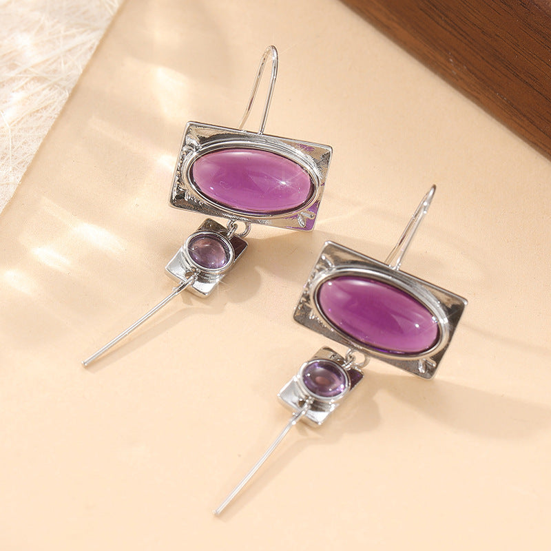 Vintage Purple Oval Stone Geometric Drop Earrings Silver Tone Brass Women Boho Daily Fashion Jewelry