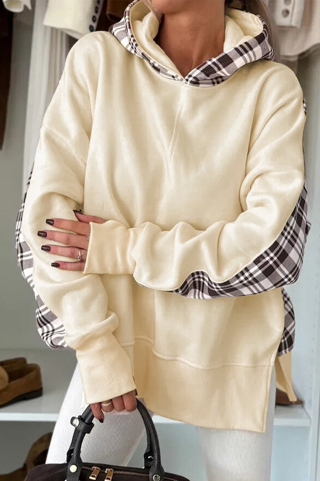 Beige Plaid Patchwork Side Slit Sweatshirt
