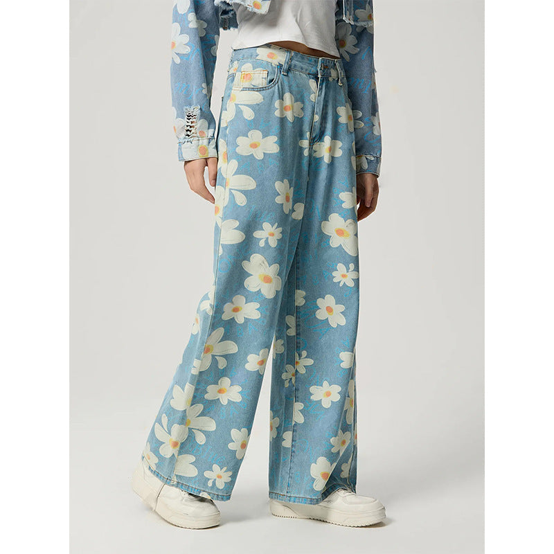 Women's Vintage Floral Print Straight-Leg Jeans Blue Denim - Image 5