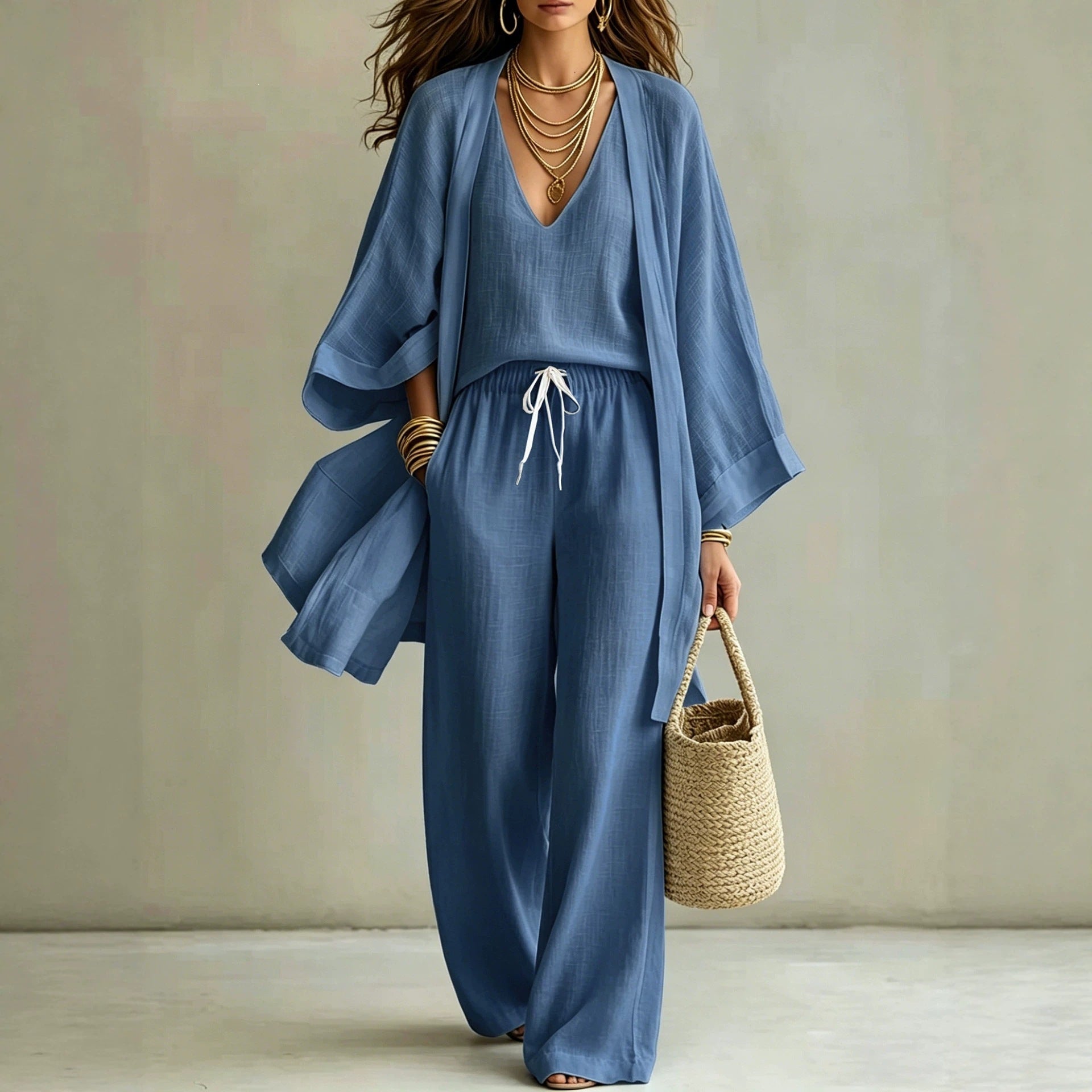Women's 3-Piece Linen Loungewear Set: Cardigan, Vest & Wide-Leg Pants