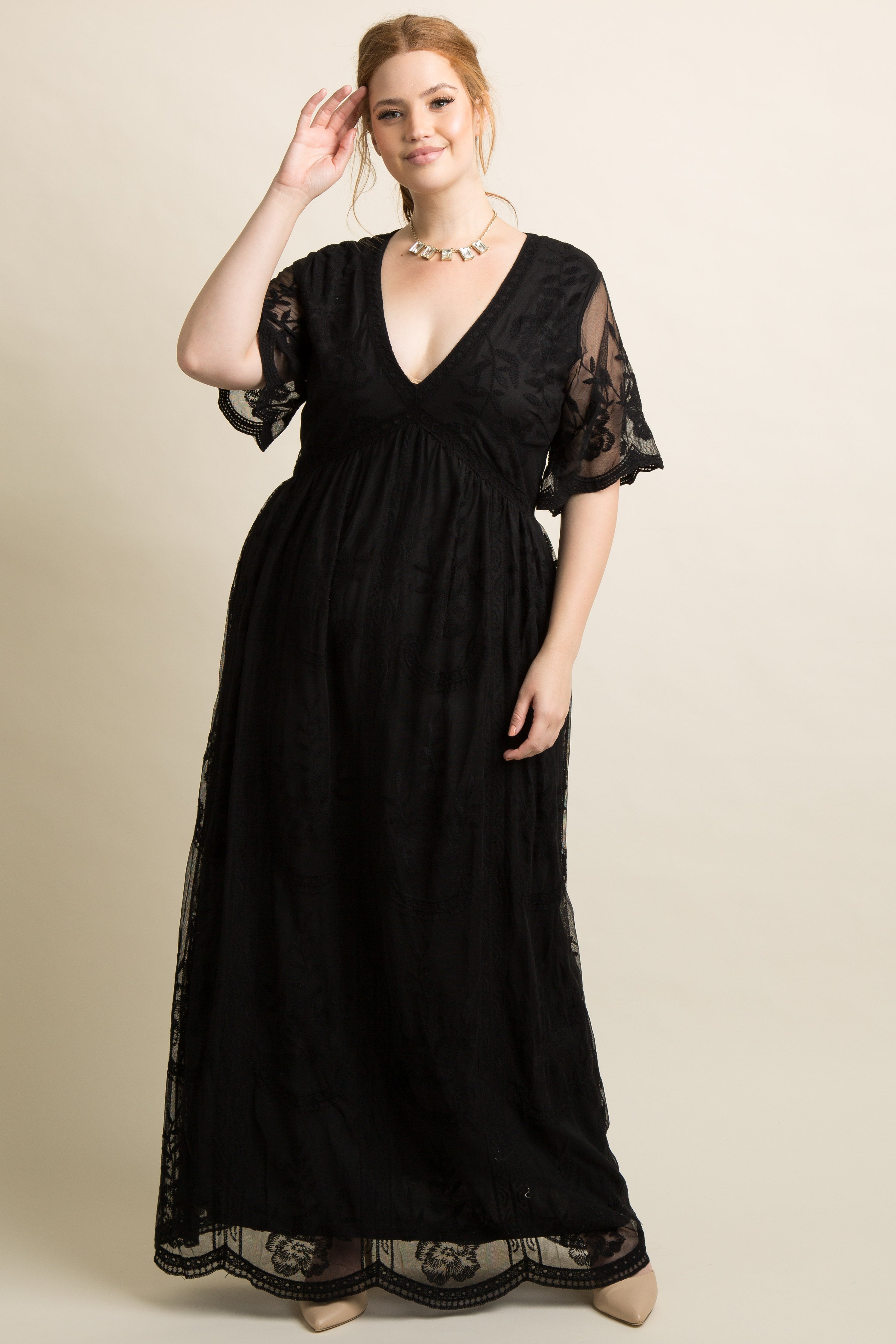 PinkBlush Black Lace Mesh Overlay Maternity Plus Maxi Dress