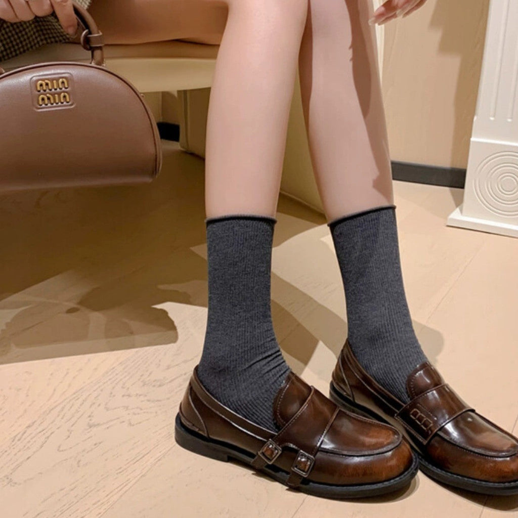 Women's Chunky Heel Buckle Loafers Preppy Academic Style