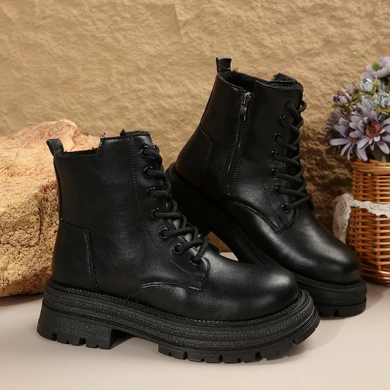 Women's Cream Thick-Soled Combat Ankle Boots - Lace-Up - Image 4