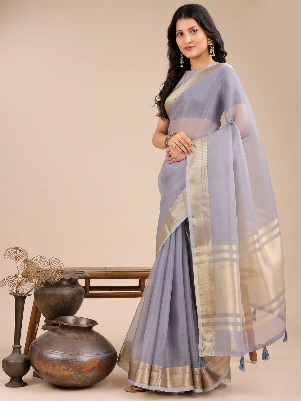 Seoul Grey Organza Saree with Matching Blouse Piece
