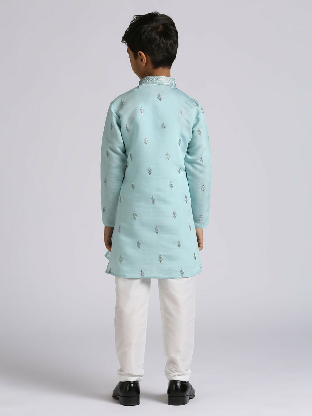 Boys Teal Blue Silk Sequence Embroidery Kurta and Pyjama Set
