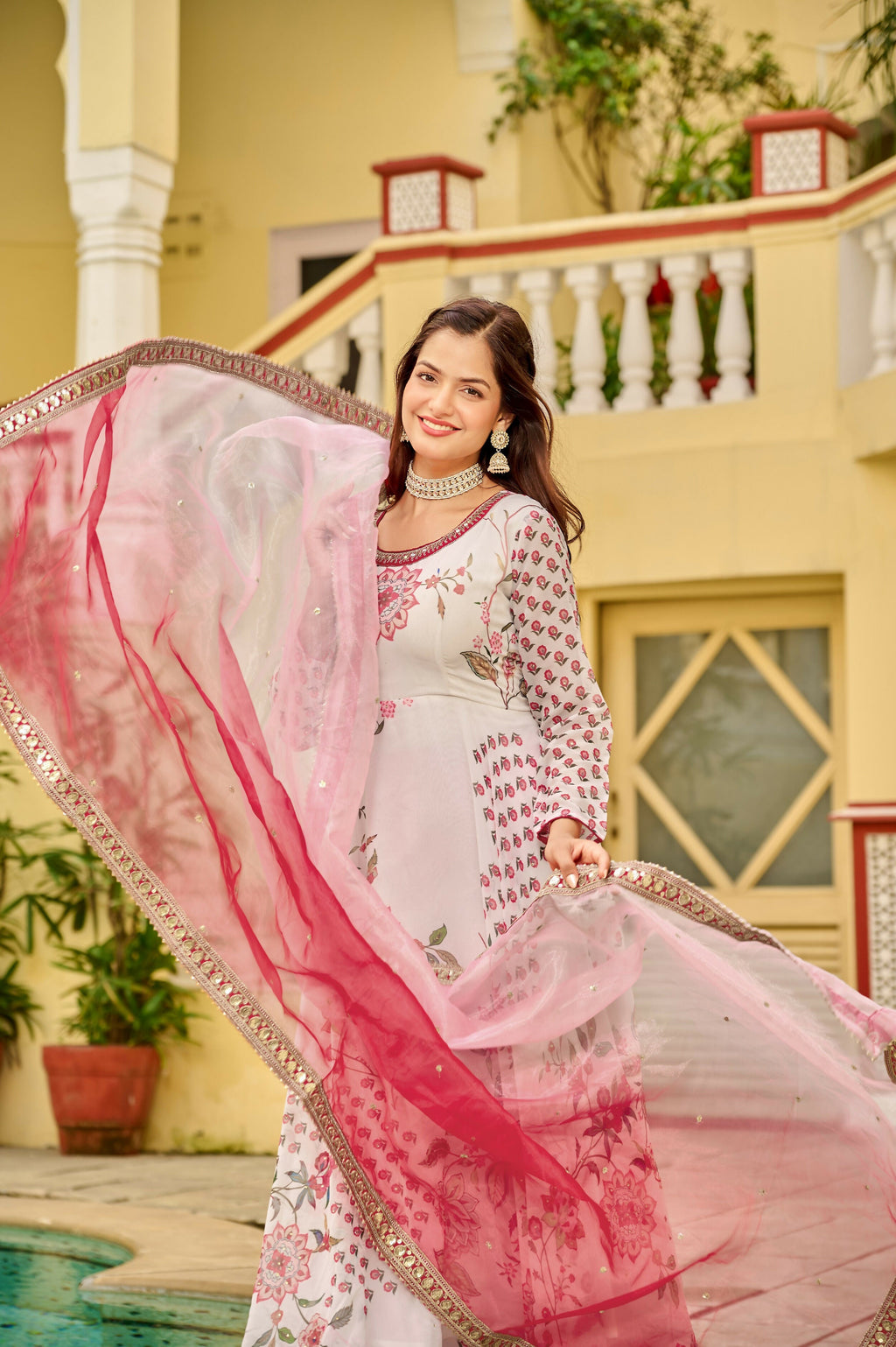 Pink & White Georgette Embroidery Sequence Work Kurta Set