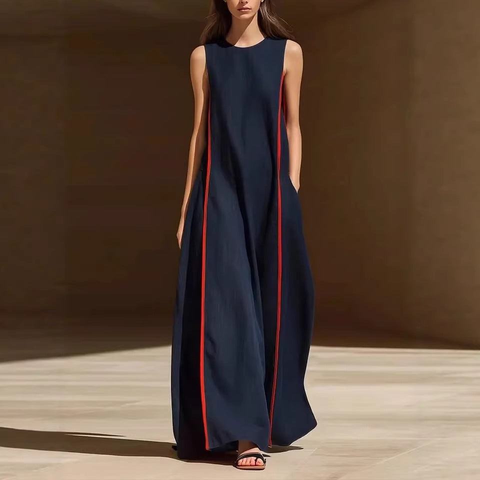 Women's Sleeveless Linen Blend Maxi Dress with Side Stripe Detail - Image 2