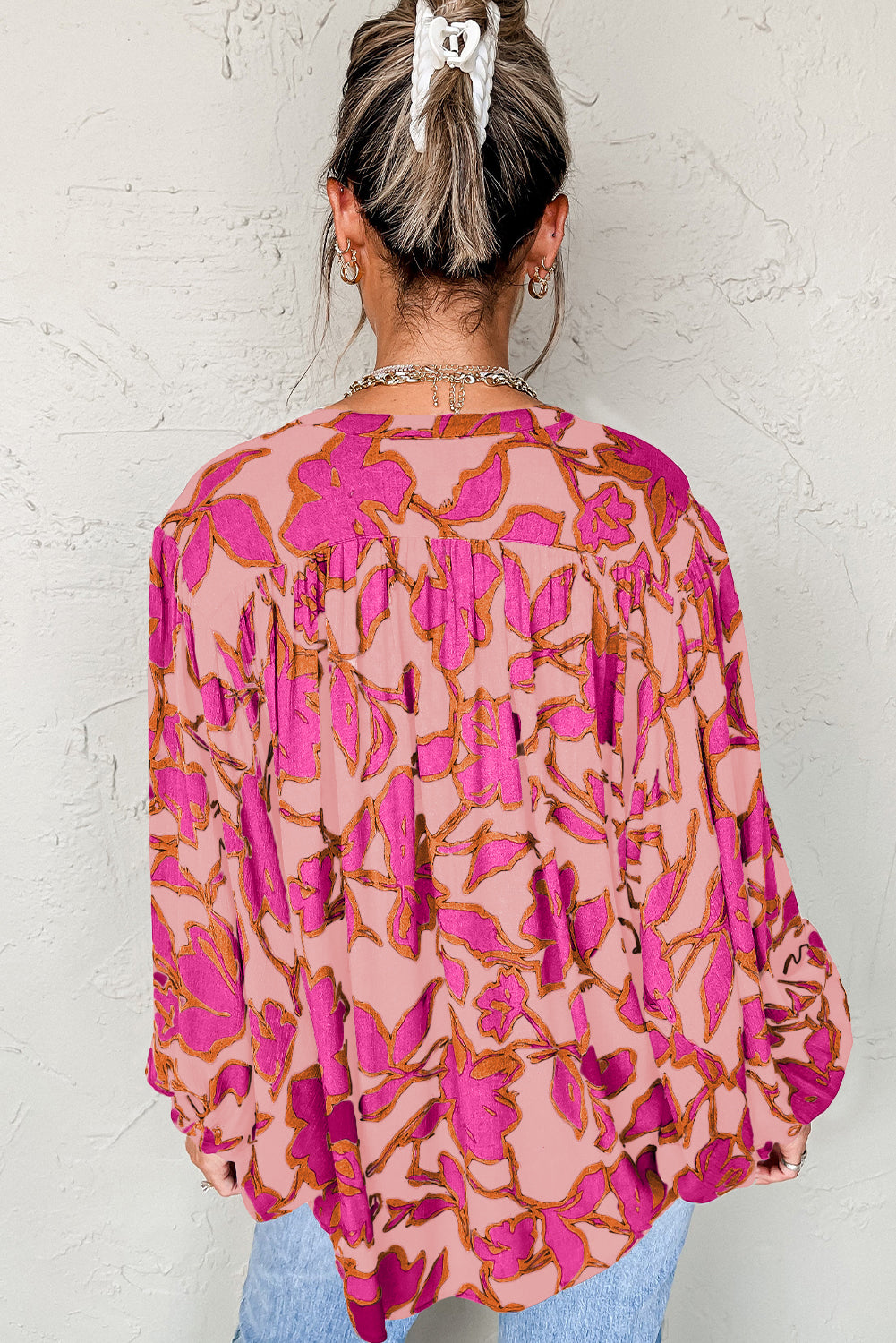 Blue Floral Print Batwing Sleeve Buttoned Shirt