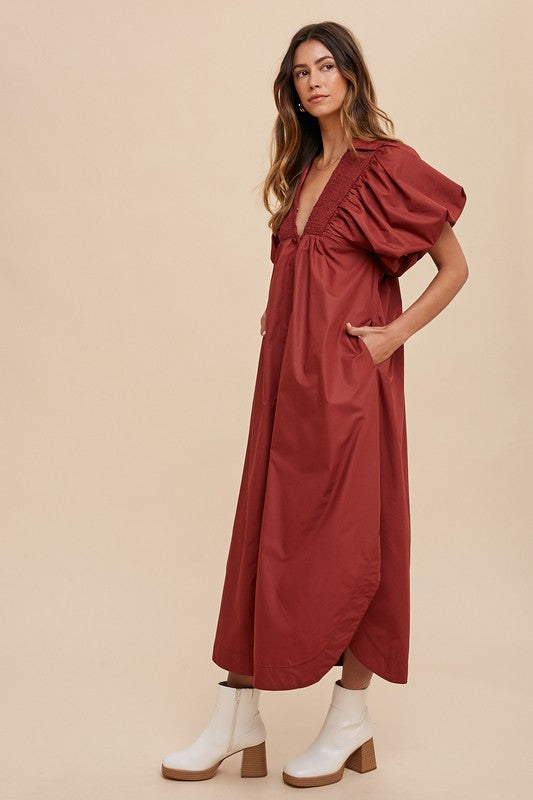 Smocked Puff Sleeve Midi Dress with Feminine Silhouette