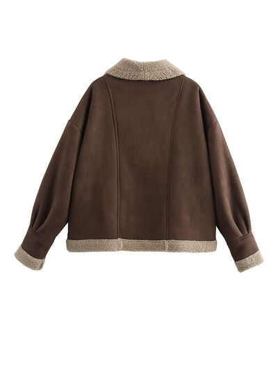 Women’s Fuzzy Collared Long Sleeve Jacket with Button Closure