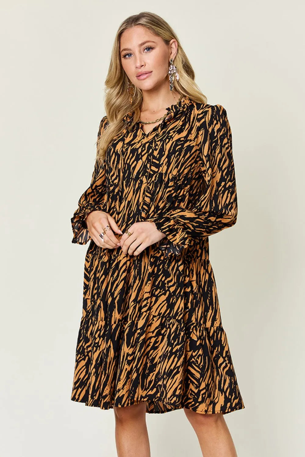 Printed Ruffle Hem Long Sleeve Mini Dress | V-Neck A-Line