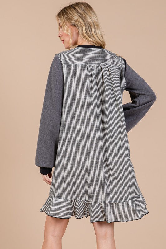 Striped Patchwork Terry Sweatshirt Dress in Charcoal