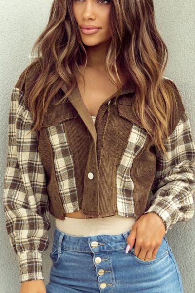 Woman wearing a raw hem plaid cropped hooded jacket with button-front closure