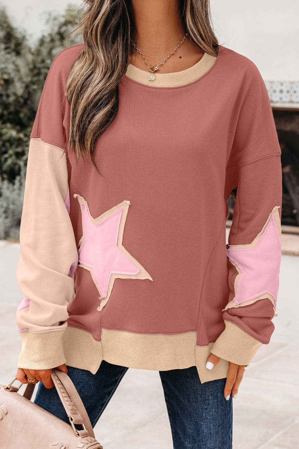 Star Patchwork Reverse Seam Drop Shoulder Sweatshirt