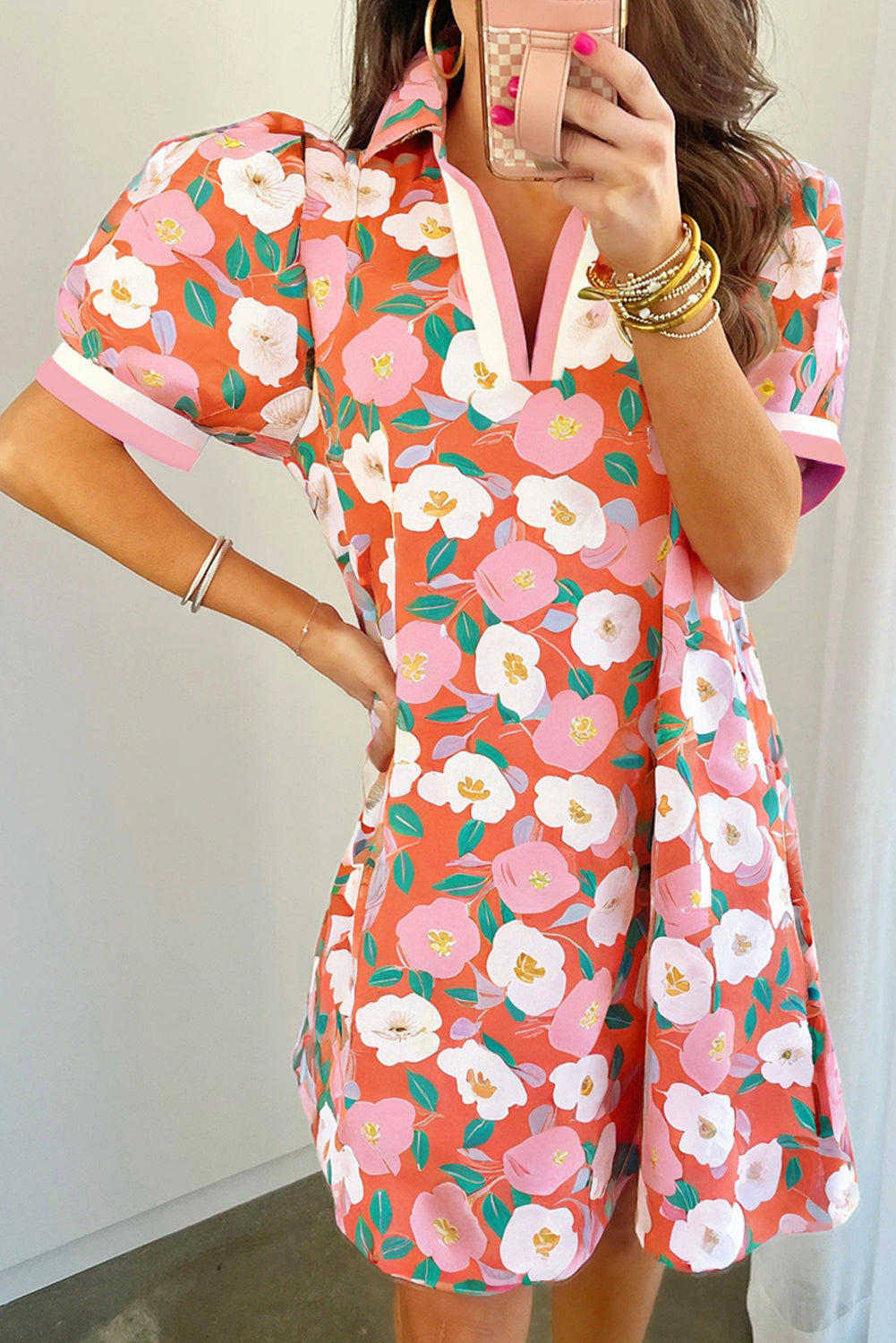 Salmon Floral Print Puff Sleeve Dress with Pop of Color Neckline