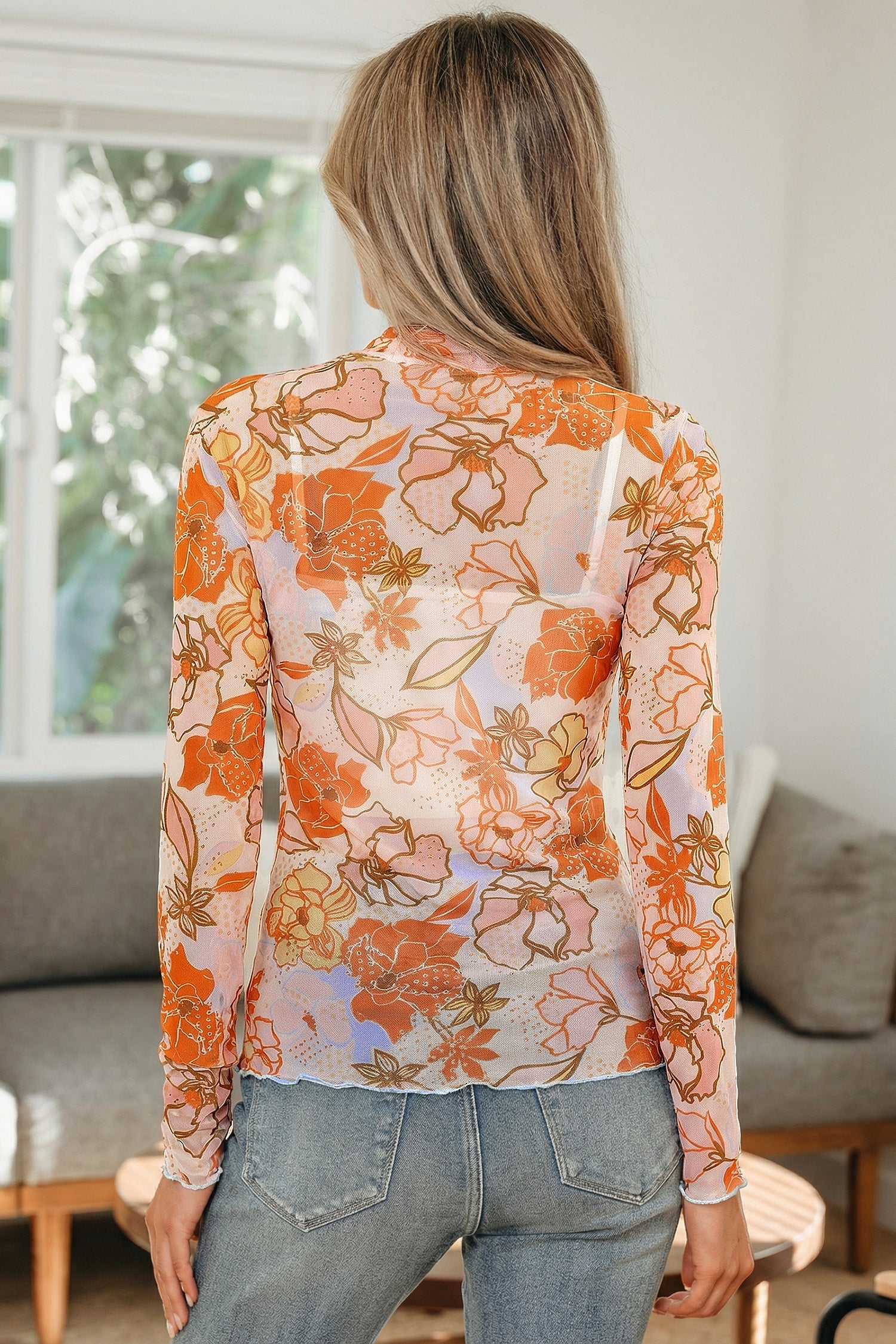 Floral Slim Fit Long Sleeve Top with Lettuce Trim