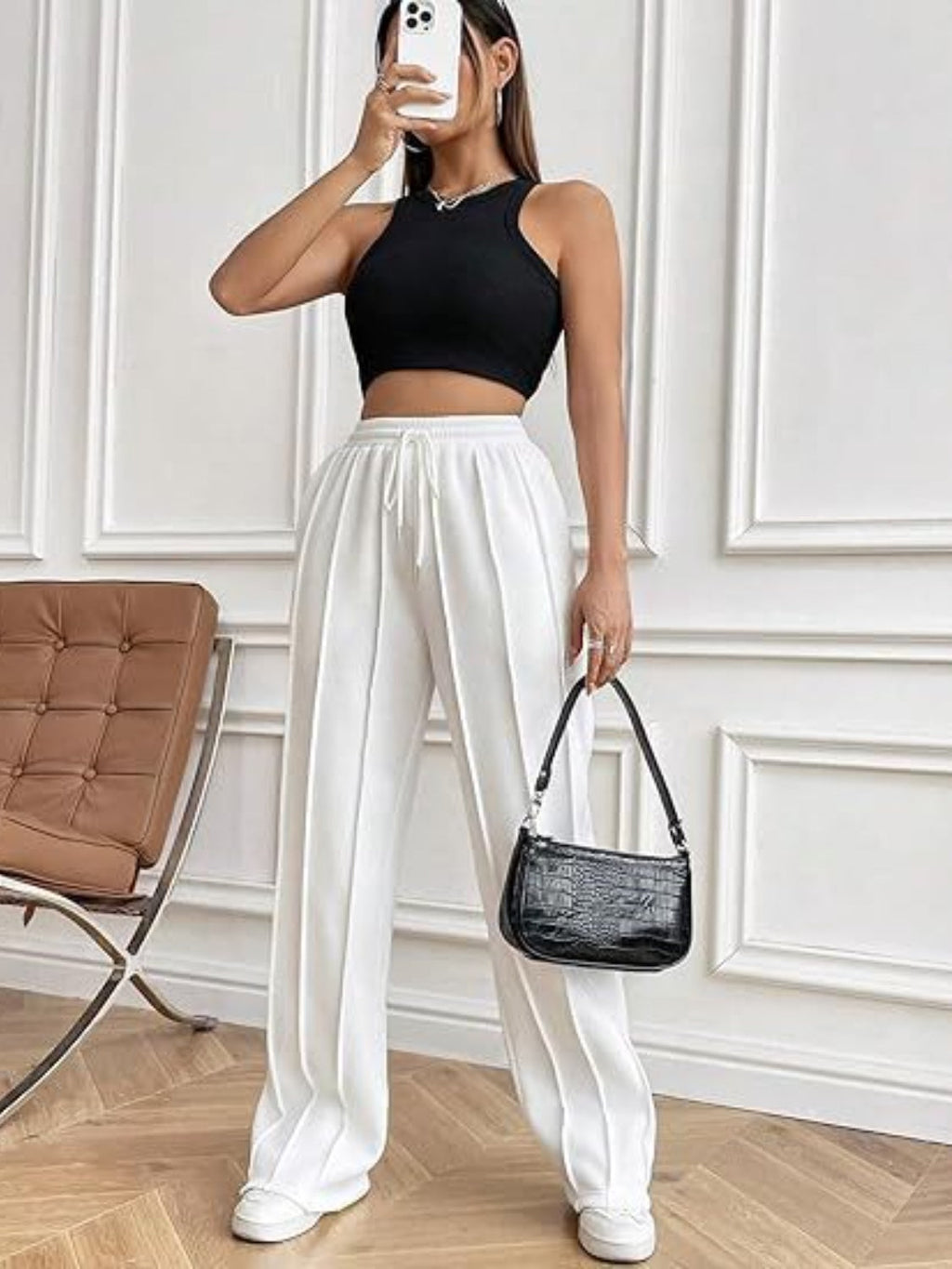 Women's High-Waisted White Drawstring Wide Leg Pants with Pockets - Image 4
