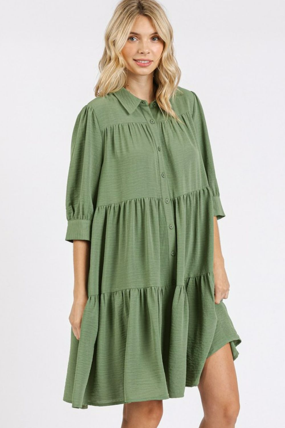Tiered Shirt Dress with Collared Neck and Button Detail