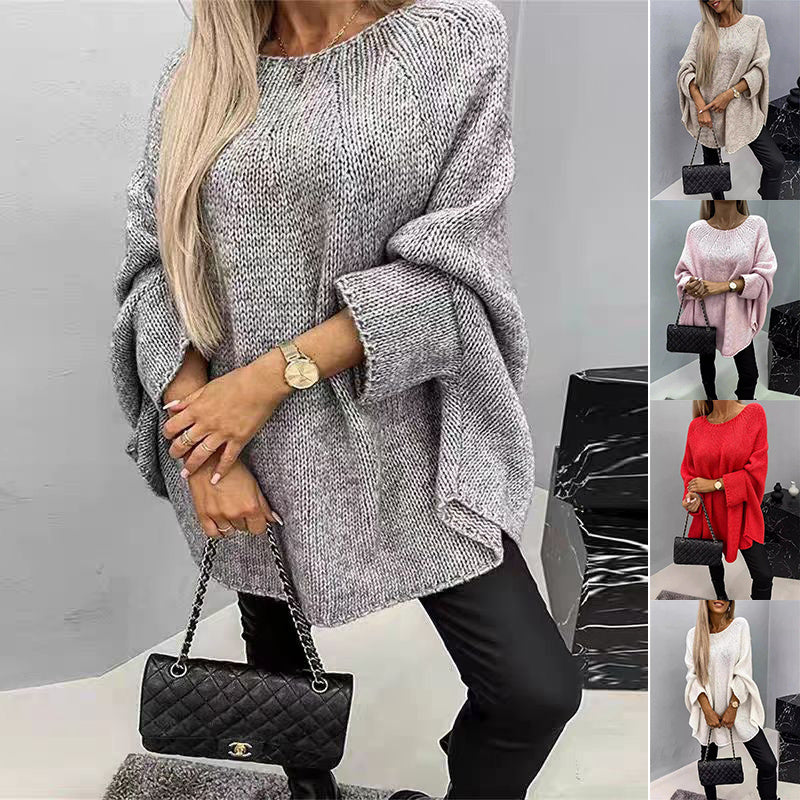 Oversized Batwing Sleeve Pullover Sweater with Shawl Detail