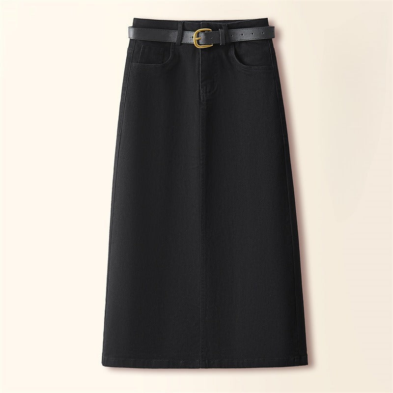 Brown A-Line Straight Skirt Retro Slit Hip Skirt
