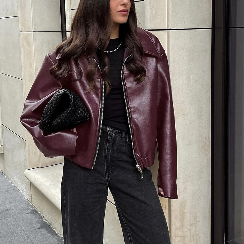 Vintage Style Women's Solid Color Faux Leather Jacket