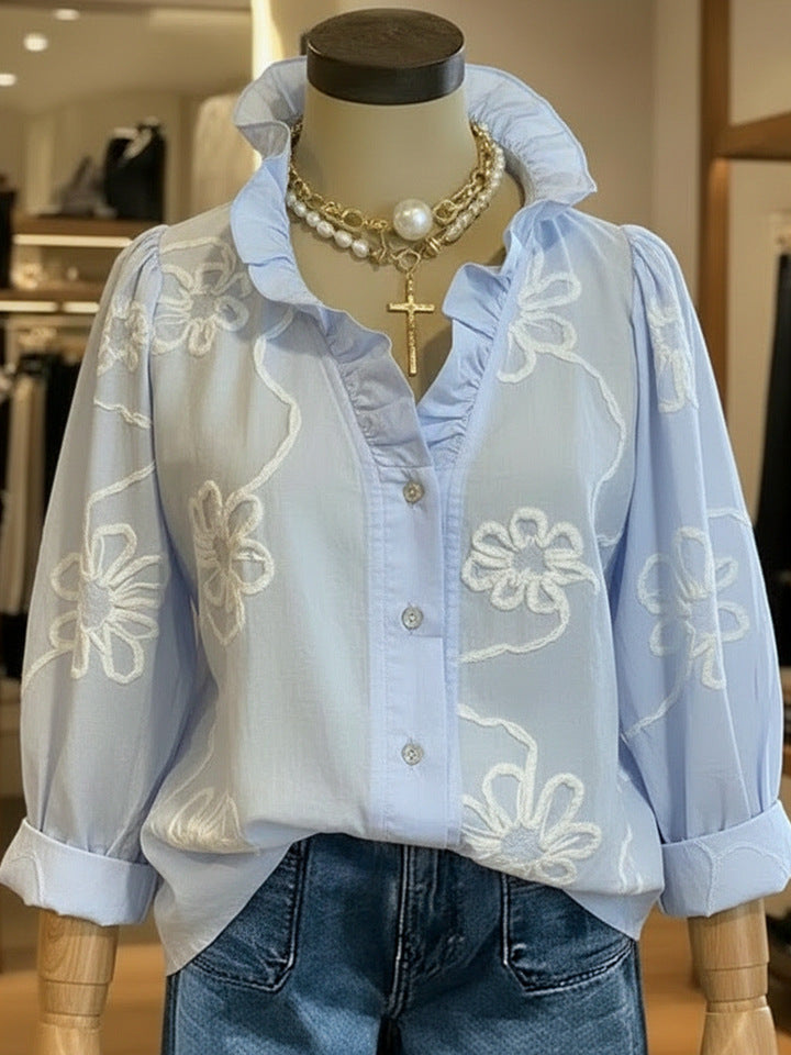 Women's Lace Embroidered Cotton Linen Blouse with Ruffled Neck - Image 7