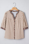 Stripe Leopard Trim V-Neck Buttoned Short Sleeve Shirt