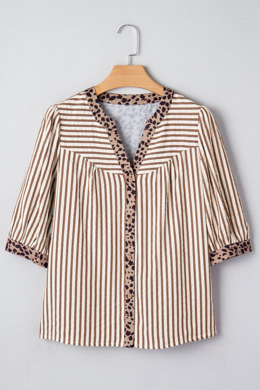Brown Stripe Leopard Trim V Neck Button Down Half Sleeve Shirt