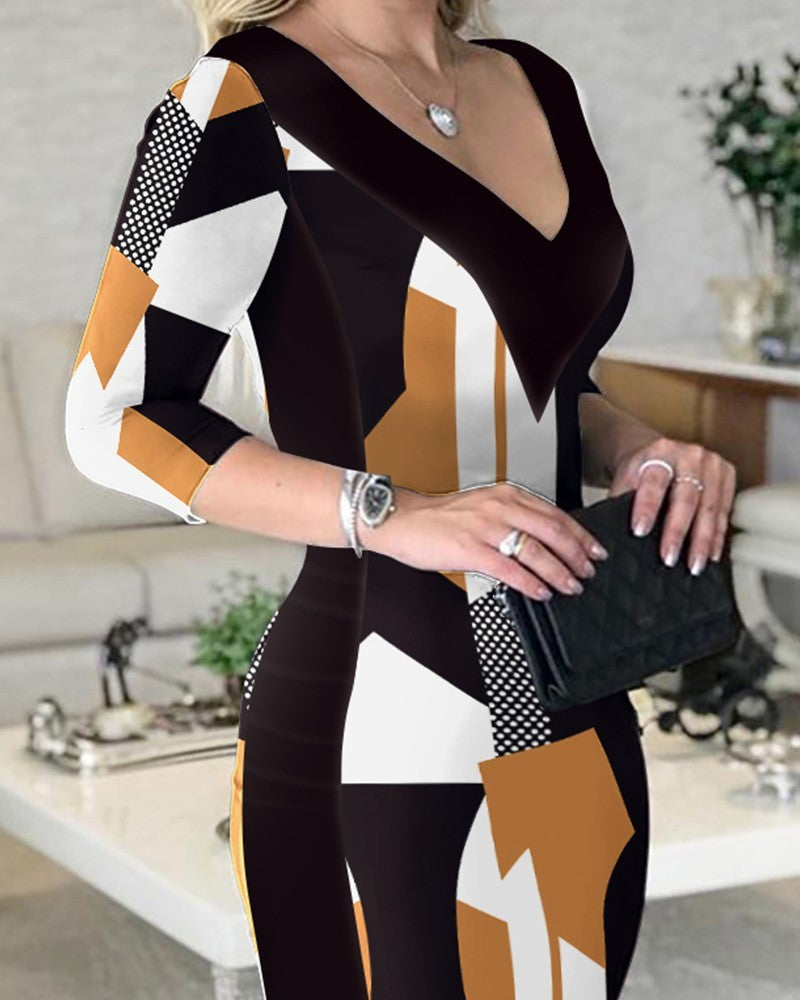 Geometric Print V-Neck A-Line Wrap Dress in Black and Ochre