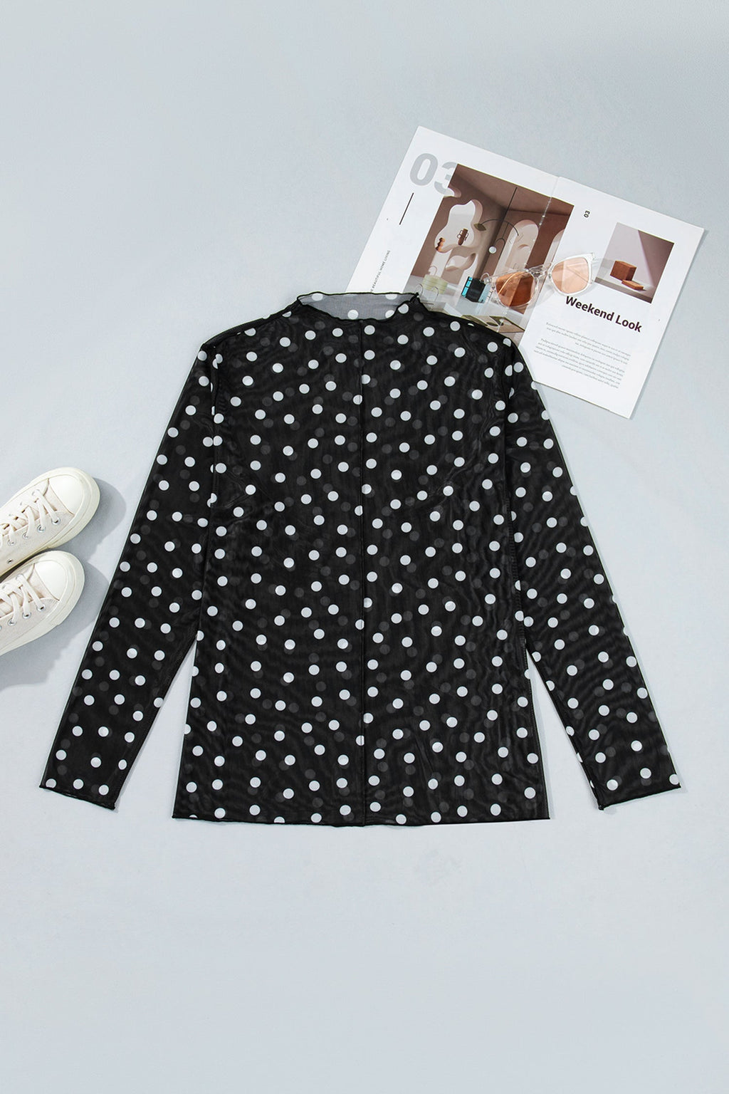 Polka Dot Mesh Long Sleeve Top Colorblock Modern Minimalist Tee