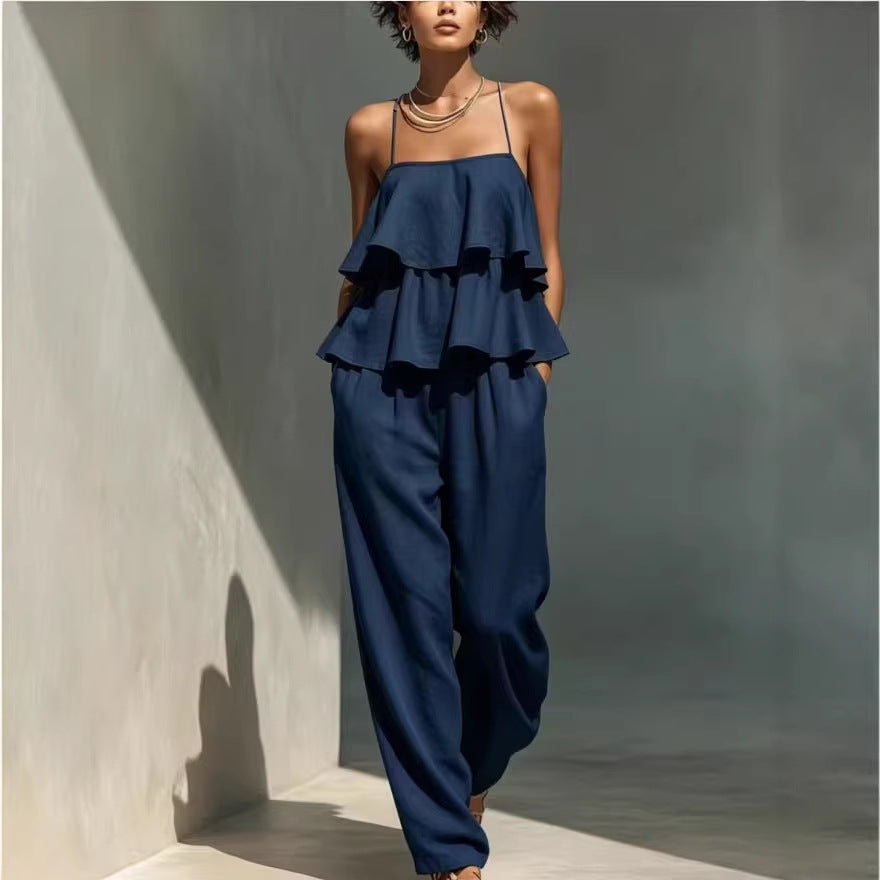 Women's Ruffled Camisole and Casual Wide Leg Pants Set