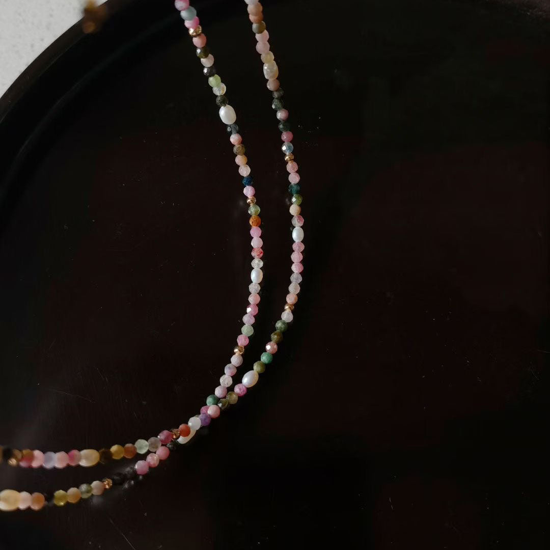 Natural Tourmaline and Freshwater Pearl Beaded Choker Necklace