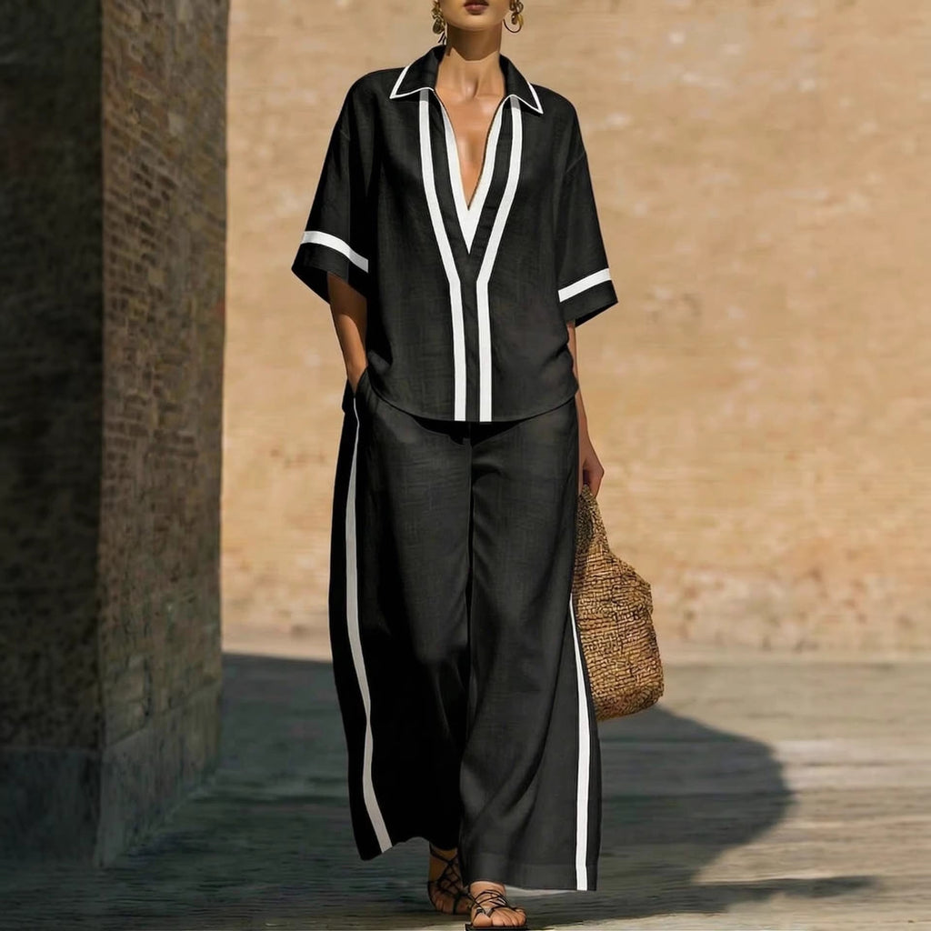 Women’s Color Block Shirt and Wide-Leg Pants Two-Piece Set - Image 2