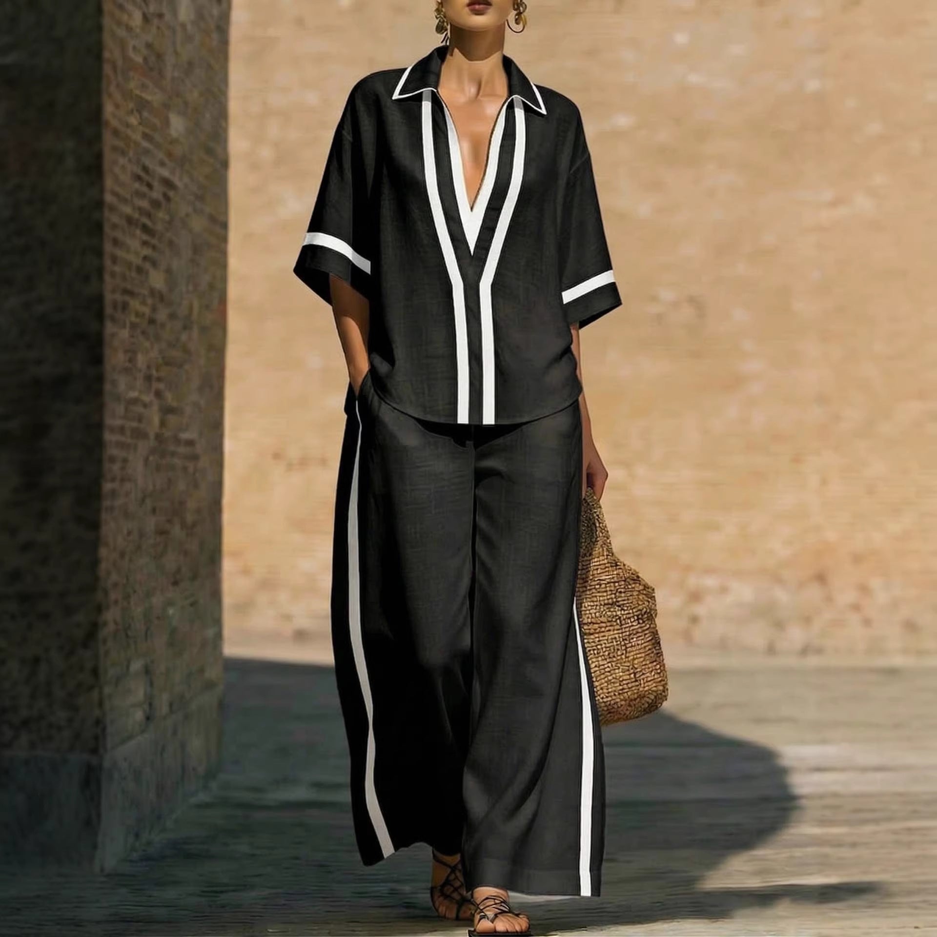 Women’s Color Block Shirt and Wide-Leg Pants Two-Piece Set - Image 2