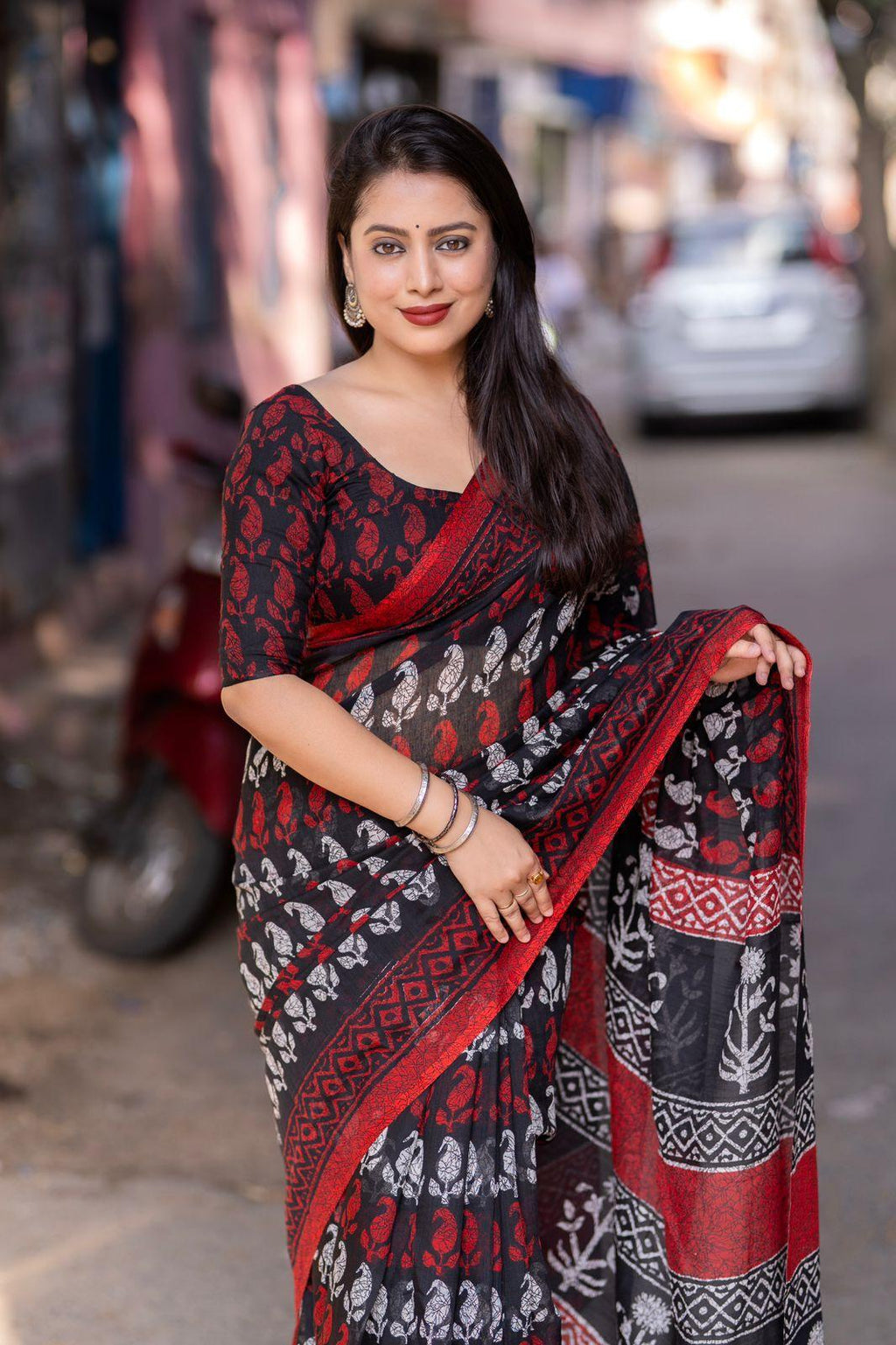 Red Linen Blend Saree with Printed Ethnic Motifs