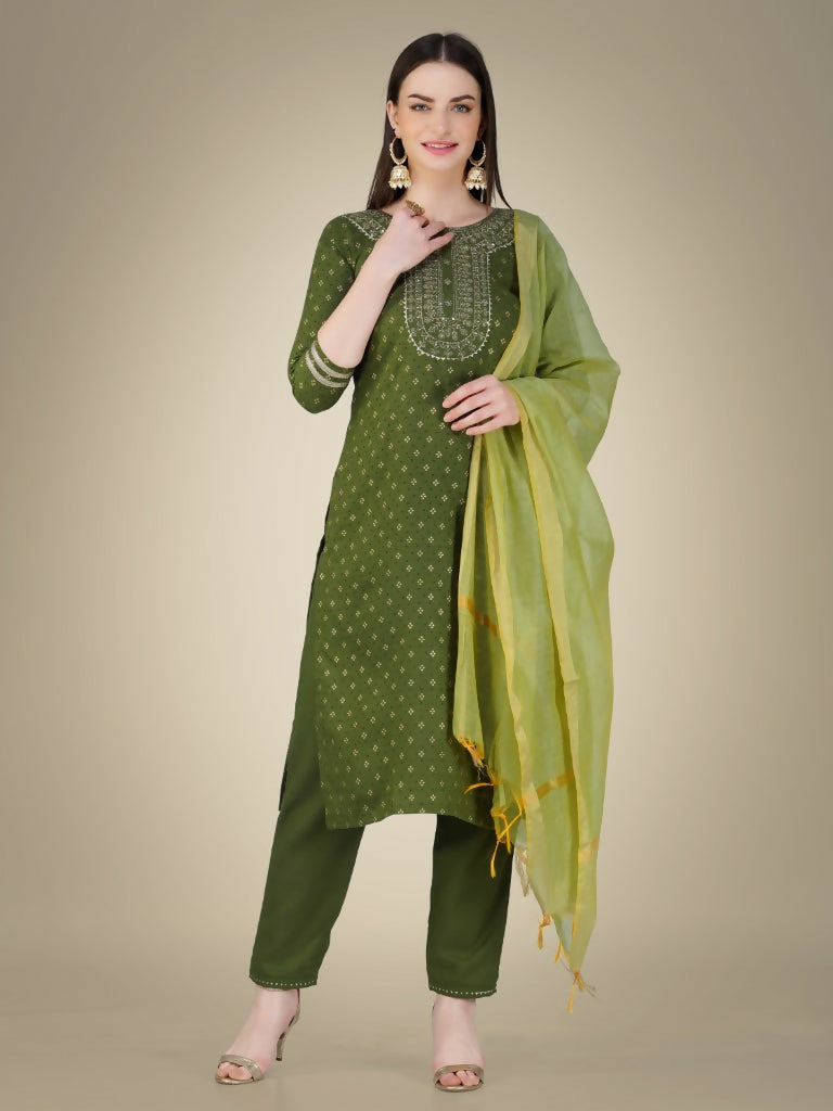Mehendi green geometric print cotton magic slub kurta set with gold embroidery and sequence work.